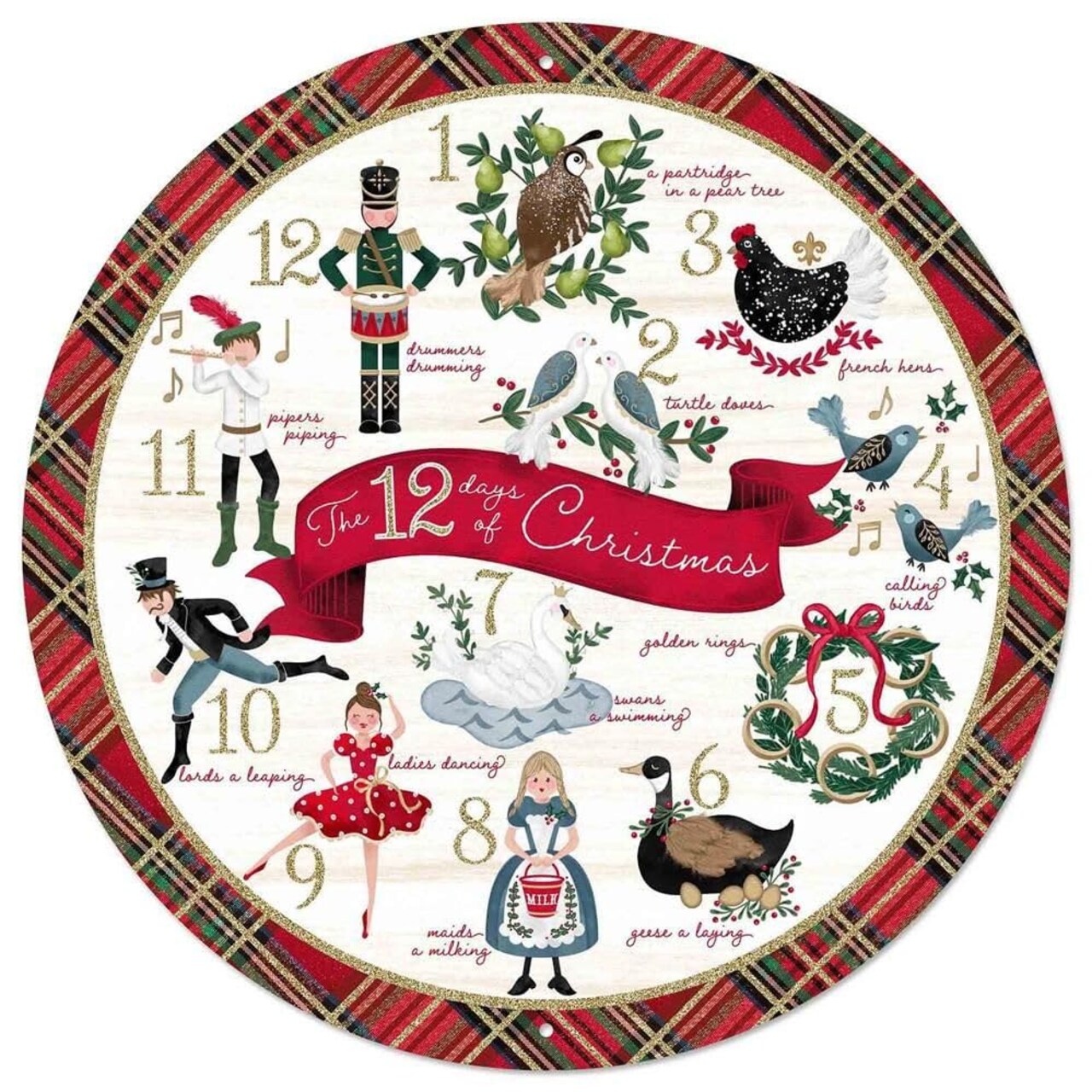 12" 12 Days of Christmas Wreath Plate Sign Centerpiece, Flat Round Metal - For Craft Accents and Decorations (White, Red, Multi, 12" Dia)